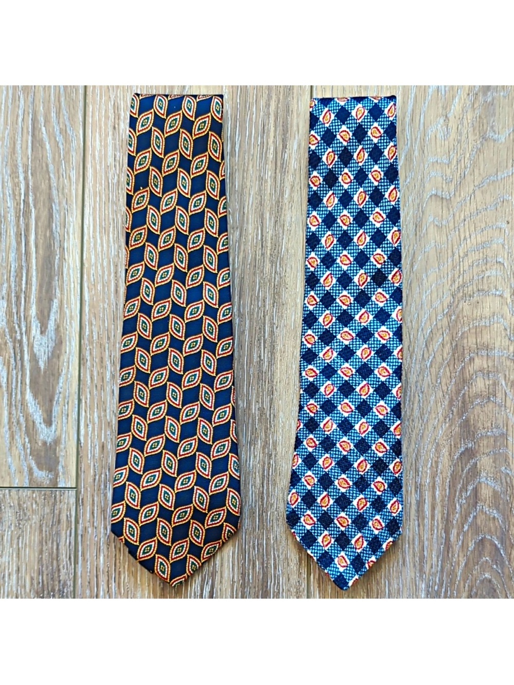 Lands' End Men’s Lot of 2 100% Silk Ties Blue Red Gold Geometric Y2K